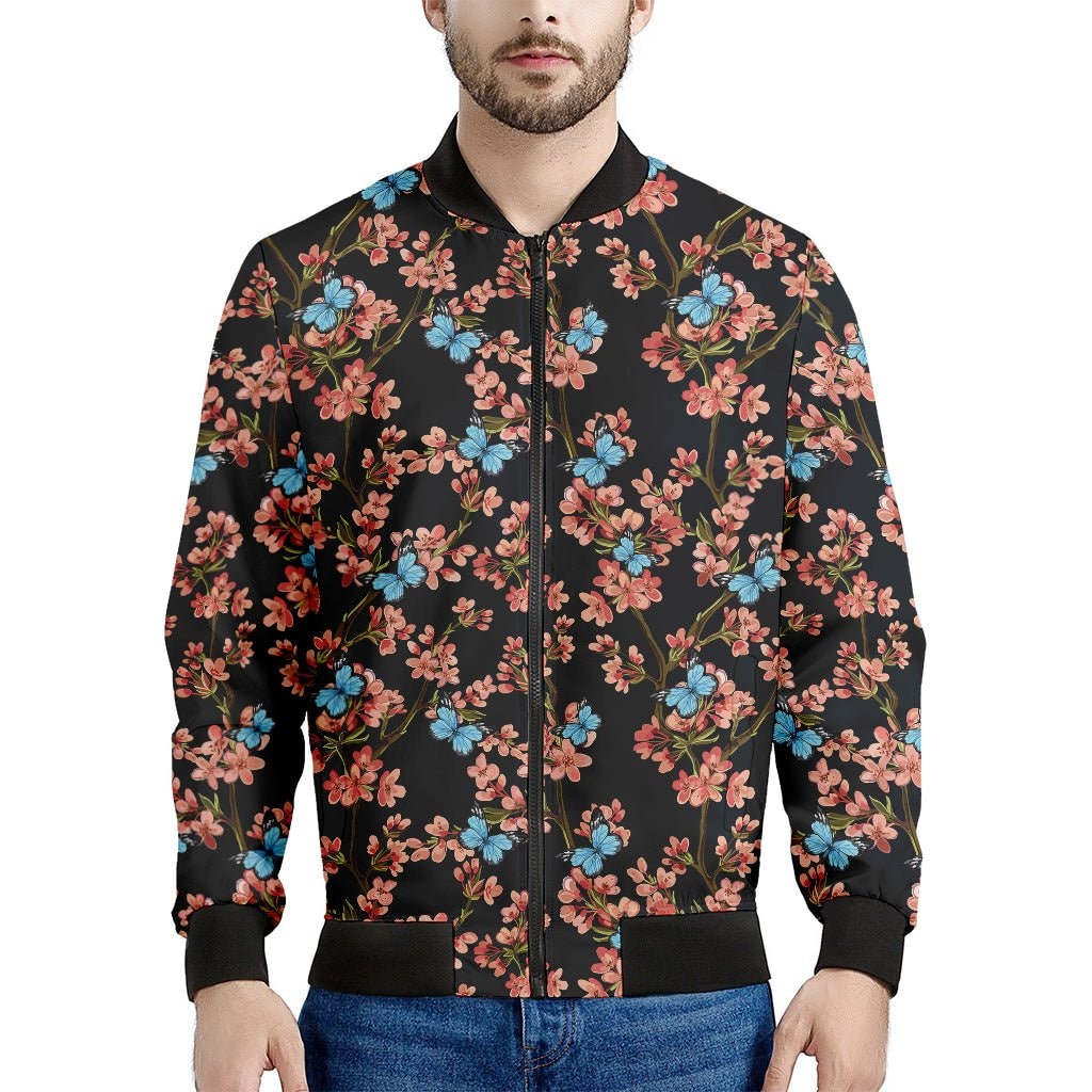 Blossom Flower Butterfly Print Men's Bomber Jacket - Premium Polyester