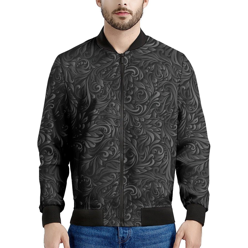 Black Western Damask Floral Print Men's Bomber Jacket