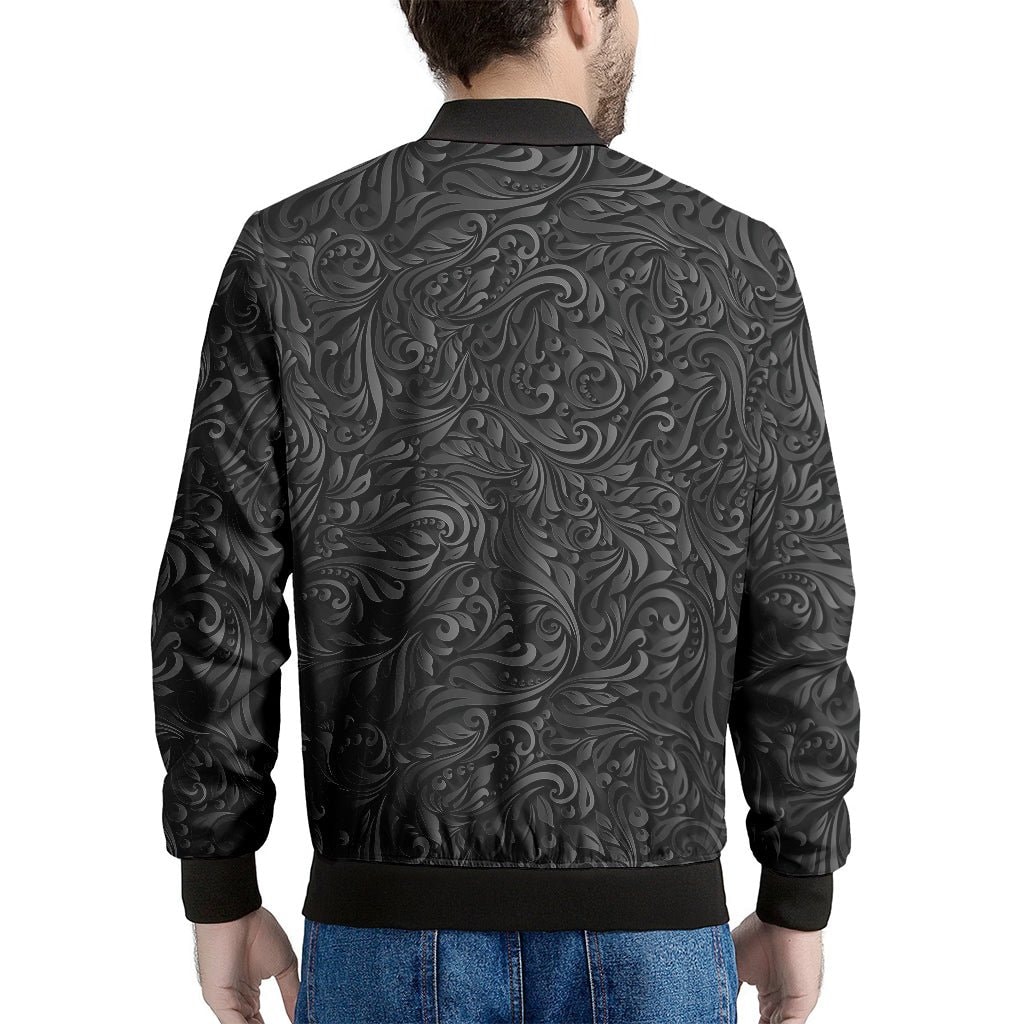 Black Western Damask Floral Print Men's Bomber Jacket