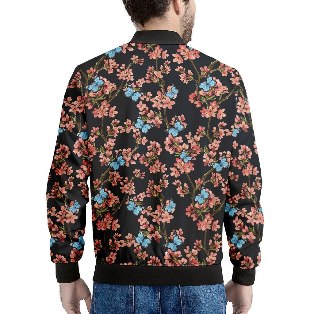 Blossom Flower Butterfly Print Men's Bomber Jacket - Premium Polyester